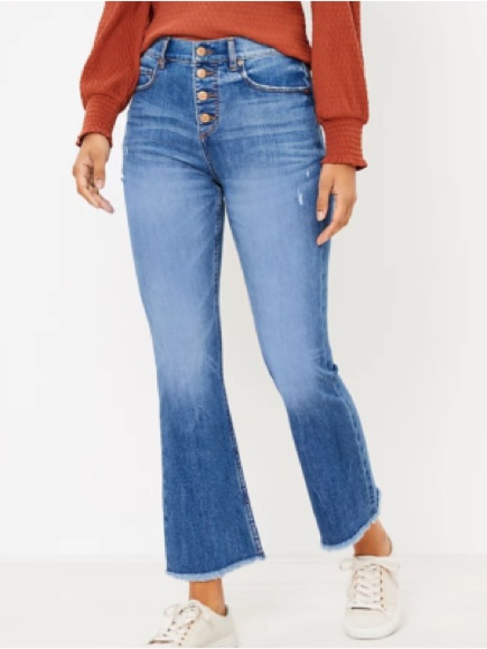LOFT High-Rise Button-Fly Flare Crop Jeans - Light Blue Size 30